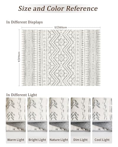 9x12 Washable Non-Slip Moroccan Area Rug - Grey, Living Room Decor