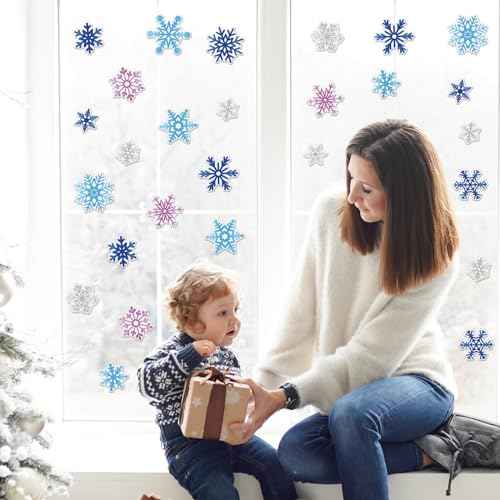 Whaline 30Pcs Winter Thick Gel Clings Christmas Blue Purple Silver Snowflake Window Gel Decals Cute Reusable Xmas Winter Window Clings for Home Classroom Nursery Frozen Party Supplies