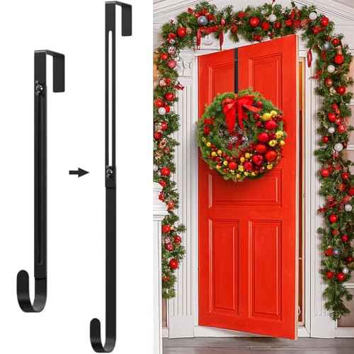 Metal Wreath Hanger for Front Door, Adjustable Wreath Hanger from 12-20", Single Hook, Heavy Duty, Holds up to 20 lbs, Over-The-Door Hook for Hanging Easter, Halloween, Fall, Christmas Decorations