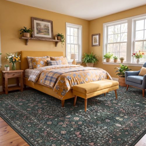 8x10 Dark Green Floral Area Rug - Washable Living Room Carpet
