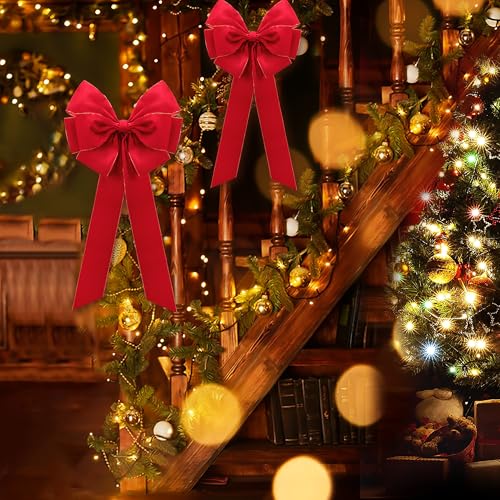 2 Pcs Large Christmas Bows 35.4 x 17.1 in Red Velvet with Gold Edges - Iceyyyy