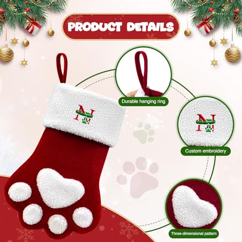 Pet Christmas Stocking with Initials - Large Embroidered Monogram Paw Shape, Red Paw Letter K