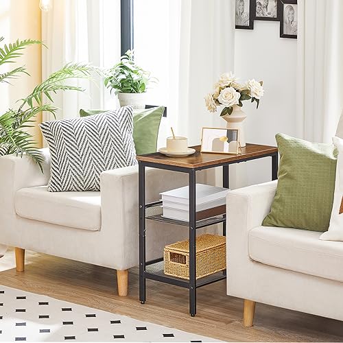 HOOBRO Rustic Brown & Black 3-Tier Narrow End Table with Adjustable Shelves