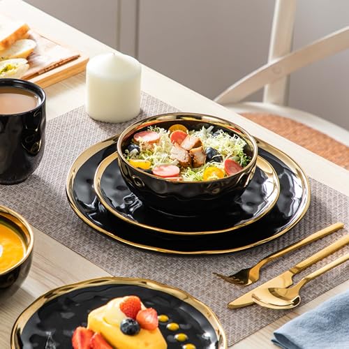 LOVECASA Black and Gold 16-Piece Dinnerware Set for 4 - Plates, Bowls, Mugs