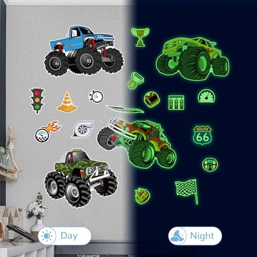 Glow in The Dark Racing Car Wall Stickers, Truck Kids Bedrooms Wall Decals, Racing Theme Big Foot Truck Ceiling Decor, Nursery Classroom Playroom Home Decor Gifts