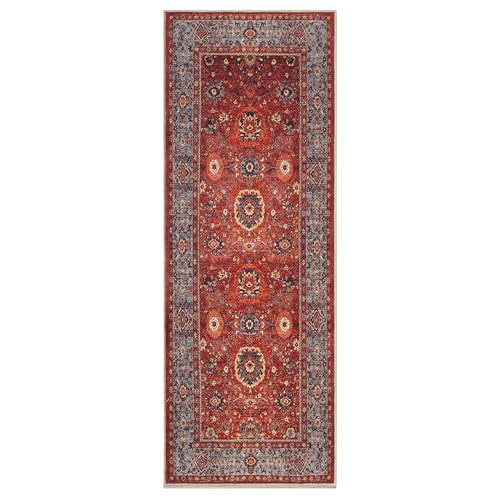 Vintage Washable Runner Rug 2'6 x 12' Non-Slip Low Pile - Red & Turquoise Blue