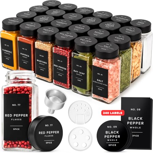 EDELHAUS Glass Spice Jars with Label, Seasoning Set, 24x Black Steel