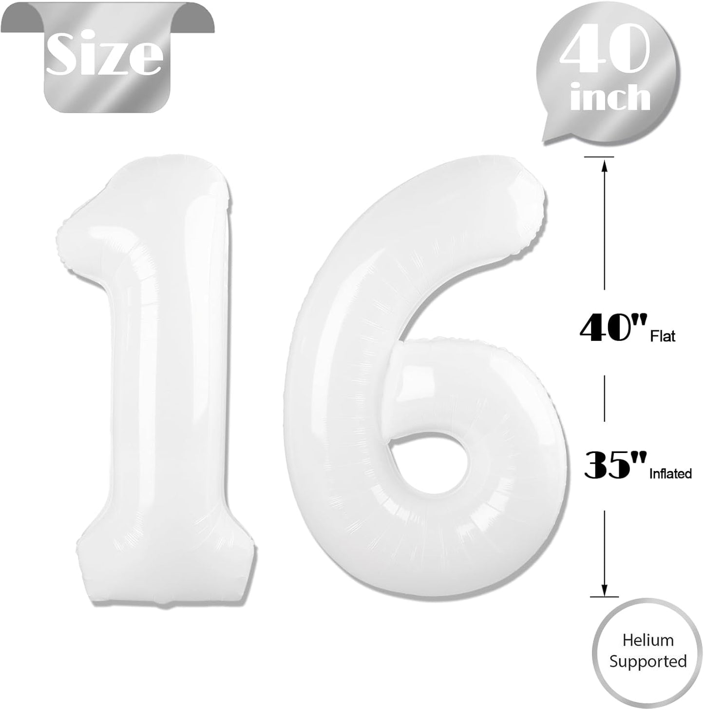 Number 16 Balloon - 40 Inch White Birthday Decoration for 16th Party Supplies | Perfect for Boys & Girls