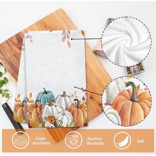 Fall Pumpkin Hand Towels Set of 2, Autumn Maple Leaves Boho Floral Thanksgiving Harvest Soft Absorbent Small Bath Towel Kitchen Dish Guest Towel for Bathroom Hotel Gym Spa