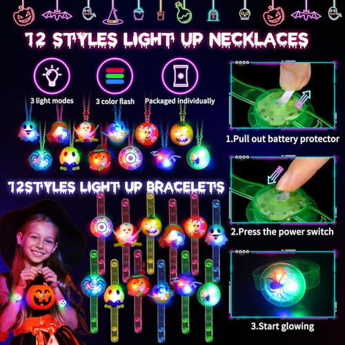 118 Pack Halloween Glow in the Dark Party Favors for Kids - Light Up Rings, Brooches, Necklaces, Bracelets