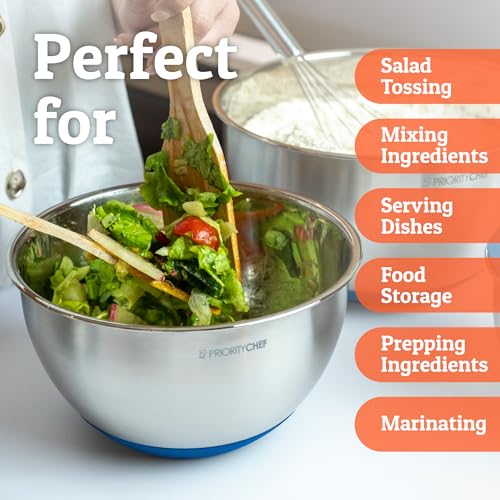 Mixing Bowls Set with Airtight Lids - Blue, Thicker Stainless Steel, 1.5-5 Qt, Non-Slip Base