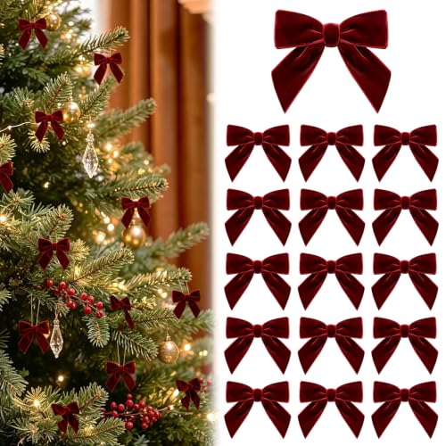 APHIUFR Burgundy Velvet Ribbon Bow 16 Pcs 3.5 x 3.5 in Christmas Decor