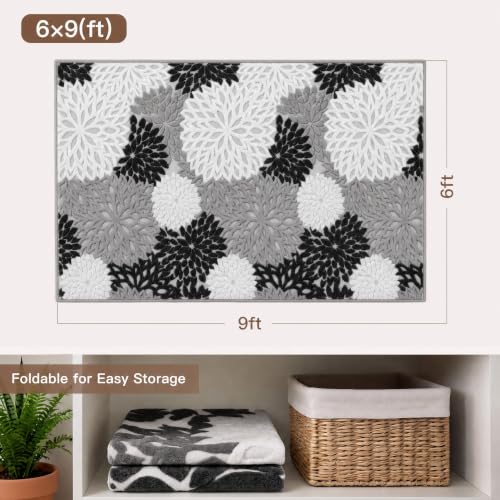 Arenarug 6x9 Grey White Black High-Low Plush Area Rug, Washable Floral Textured Carpet