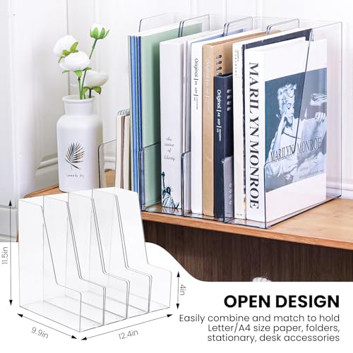 Large Clear Vertical Magazine File Holder - 4 Pack Desk Organizer for Magazines & Documents