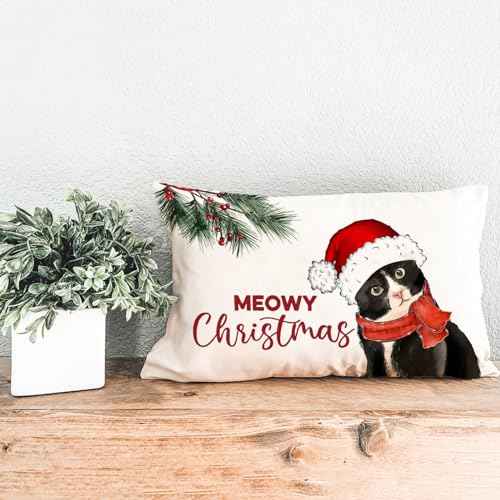 AOFANGGO Christmas Pillow Cover 12x20 inch Cat with Hat Meowy Xmas Throw Pillow Winter Holiday Decorations Farmhouse Rustic Cushion Cover for Bed Chair Sofa Couch Rectangle