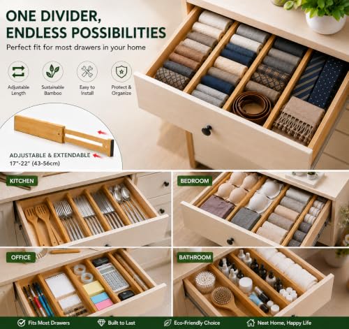 Bamboo Drawer Dividers 6 Pack Adjustable Organizer for Kitchen & Office
