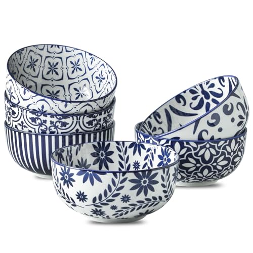 Blue 28oz Ceramic Soup & Cereal Bowls Set of 6 - Bohemian Pattern