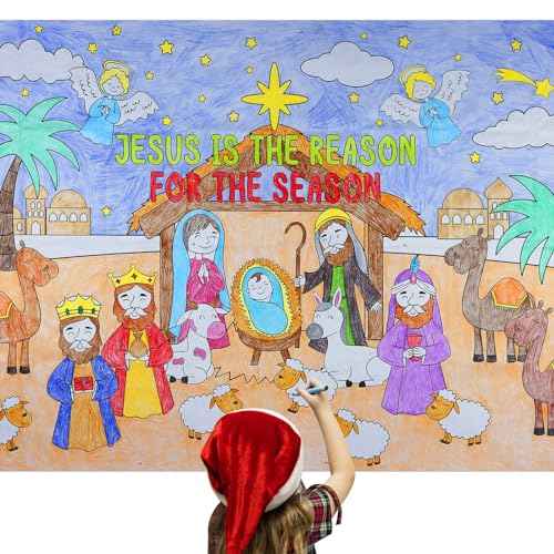 WaaHome Kids Coloring Nativity Christmas Tablecloth Disposable Christian Christmas Paper Table Cloth Religious Nativity Scene Coloring Tablecloth Crafts for Kids, Jesus Table Cover Decorations