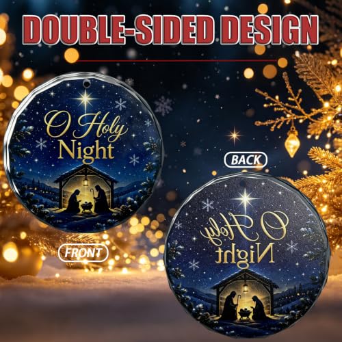 O Holy Night Christmas Ornament - 3 Inch Nativity Scene with Snowflakes & Gold Lettering