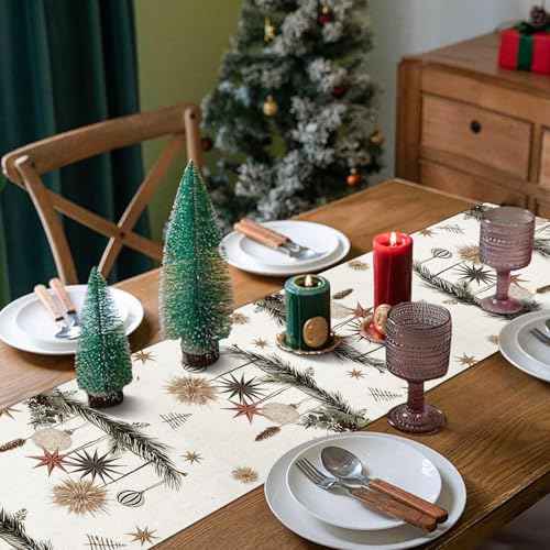 Xmas Trees Holly Pine Cone Merry Christmas Table Runner, Seasonal Winter Decoration for Home Kitchen Dining Holiday Decor 13x72 Inch