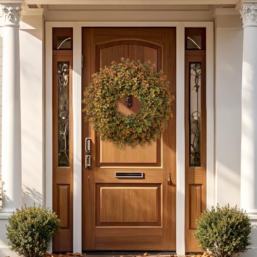 Waipfaru 26-Inch Fall Boxwood Wreath for Front Door Decor, Orange-Green - 1 Piece