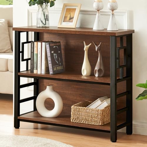Rustic Brown 3-Tier Deep Book Shelf with Storage - Small Space Living Room & Office