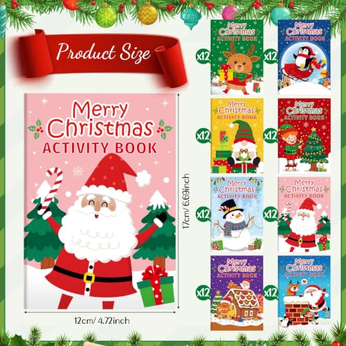 Kosiz 96 Pcs Christmas Activity Coloring Books Mini Games Santa Booklets - Holiday Party Favors & Classroom Supplies
