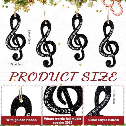 Roowest 12 Pcs 2025 Christmas Music Note Ornaments Treble Clef Hanging Where Words Fail Music Speaks Sign Glitter Acrylic Ornament for Xmas Tree Party Decoration (Black)