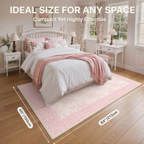 Pink Flower Washable Area Rug 5' x 7' Non-Slip Floral Living Room Decor