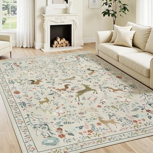 Yidanamy Beige Animal & Floral 5x7 Washable Area Rug for Living Room & Nursery