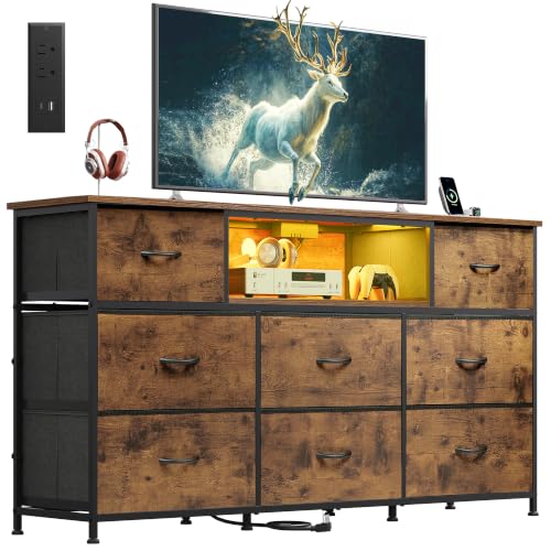 WLIVE Rustic Brown LED TV Dresser with 8 Drawers for 65 Inch TV, Storage & Lighting