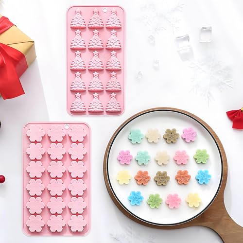 Pink Christmas Silicone Candy Molds 4-Pack Snowflake & Tree Design QY250