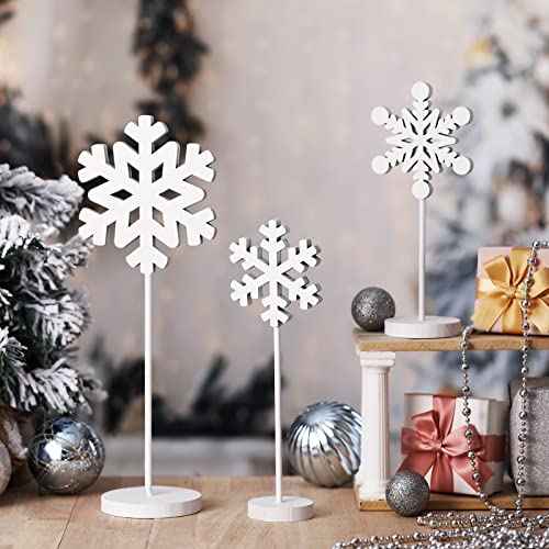 BBTO 3 Pcs Christmas Snowflake Table Decorations Tall Standing Snowflake Wood Sign Block Winter Wooden Xmas Standing Table Sign Christmas Fireplace Decoration for Xmas Party