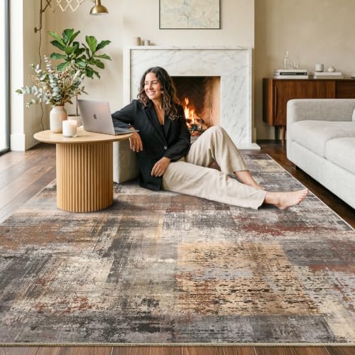 8x10ft Brown Abstract Area Rug - Non-Slip Low Pile Carpet for Living Room
