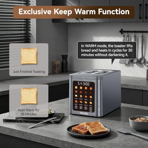 Mecity 2 Slot Smart Touchscreen Toaster - Brushed Stainless Steel Gray, Wide Slot, Auto Lift & Memory Function
