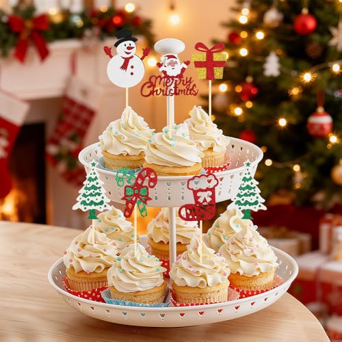 Tauywolci Christmas Style 24 PCS Glitter Cupcake Toppers - Santa Snowman Xmas Decorations