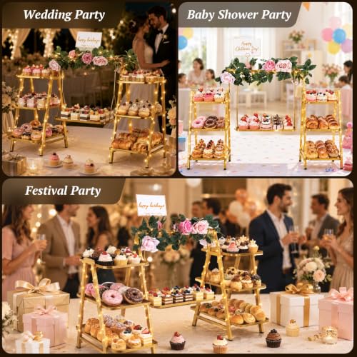 Gold 3-Tier Cupcake Stand with Fairy Lights & Flower Garland for Parties