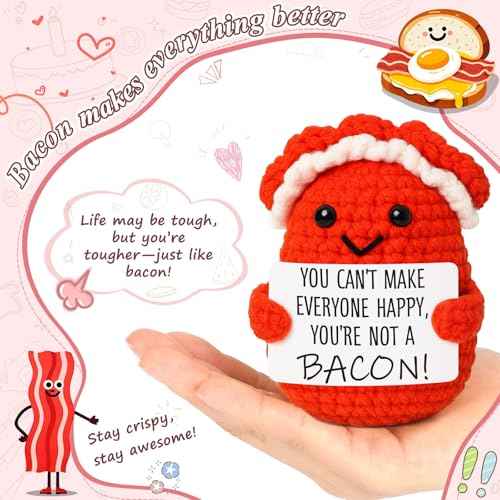 Mini Motivational Bacon Handmade Crochet Bacon for Women White Elephant Christmas Encouragement Gift for Friends Coworkers Small Birthday Back to School Gifts Cute Motivation Unique Office Desk Decor