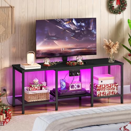Black HOOBRO TV Stand with Charging Station for 55 Inch TVs, LED Entertainment Center