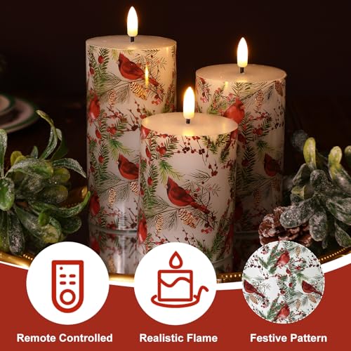 Conelist Red Cardinal Christmas Flameless Candles with Remote - 3 Pack