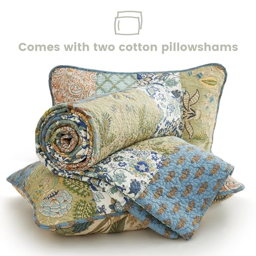 Secgo King Size Sage Green Cotton Comforter Set with 2 Shams - Reversible Patchwork Bedding (98x106 inches)