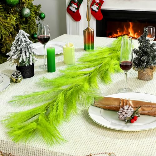 Lemon Green 24 Ft Christmas Garland with Pampas Grass - Faux Feathers, Home Decor