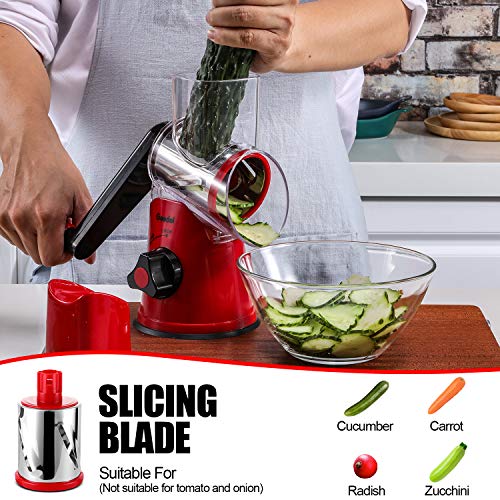 Geedel Red Rotary Cheese Grater Hand Crank with 3 Blades for Cheese & Vegetables