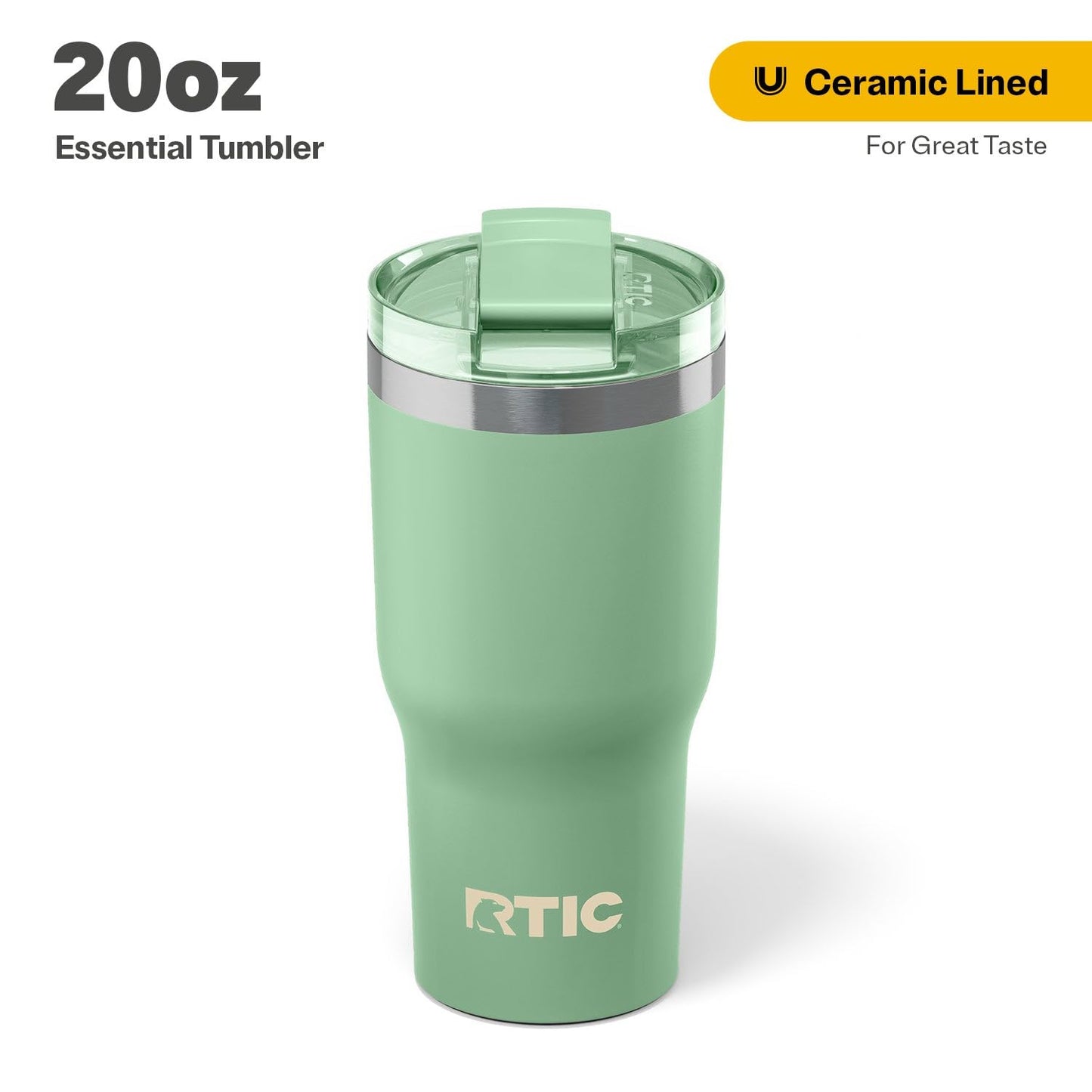 RTIC 30oz Essential Tumbler with Lid, Ceramic Lined, Insulated, Stainless Steel, Metal, Double Wall Vacuum-Insulation, Travel Cup for Iced Coffee, Tea, Hot and Cold Drink, Sage