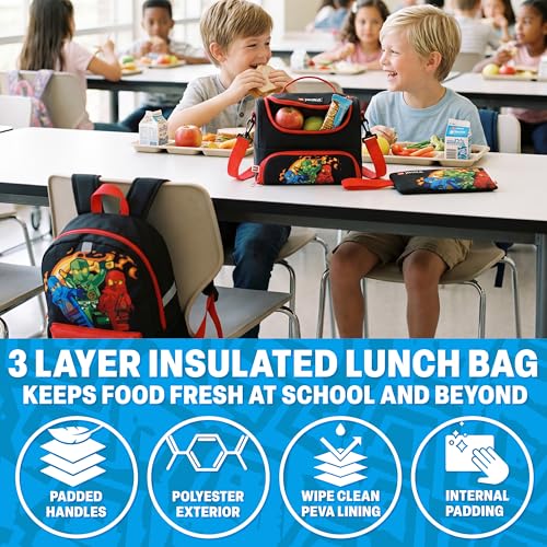 Ninjago Boys Backpack Set with Lunch Bag & Pencil Case - Red & Black, 3 Pieces