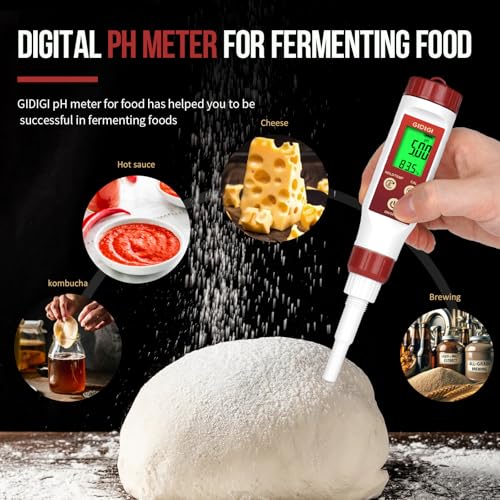 Digital pH Meter for Food Fermentation - Red, Calibrates with Solution