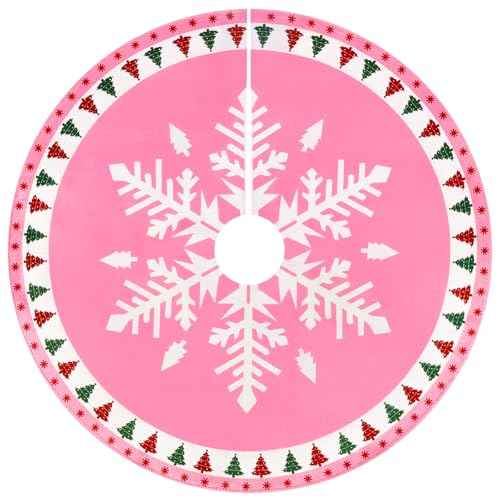 MACTING Christmas Tree Skirt, 30 Inch Round Pink Polyester Christmas Tree Skirts with Big Snowflake and Christmas Tree Printed for Holiday Party Rustic Xmas Tree Decoration