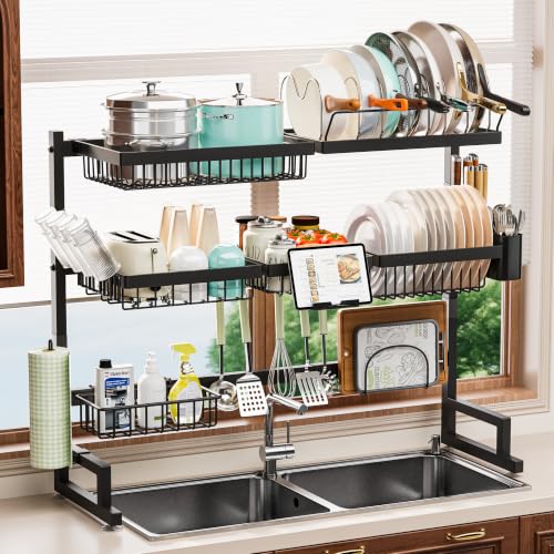 Black Over Sink Dish Drying Rack Expandable 32-40 Inch Kitchen Organizer