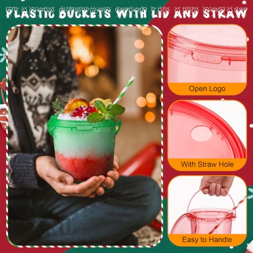Funnymoom 32 Pcs Christmas Red & Green Drink Buckets with Lids & Straws, 34 Oz / 1 L