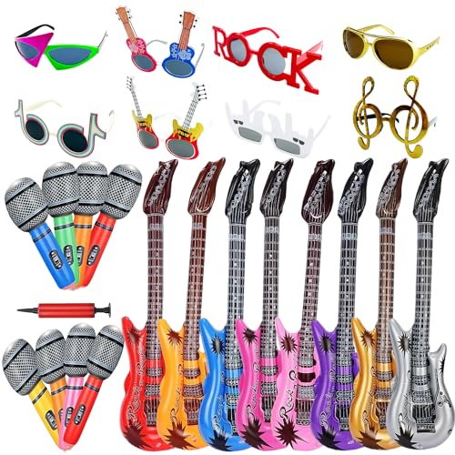 Rock Star Sunglasses & Inflatable Guitar Microphone Party Set - 8 Pack